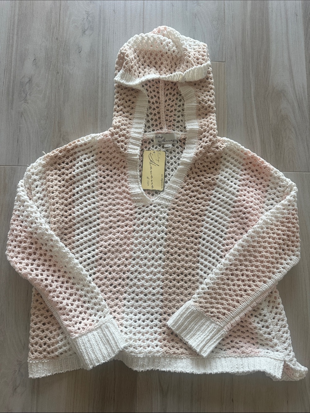 Vintage Havana Lightweight  Hooded Open-Knit Sweater - Pink & White